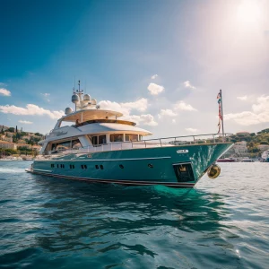 Beeindruckende Bild einer Luxusyacht, die auf ruhigem Meer treibt, unterstreicht herausragendes Design und Schiffsbaukunst.